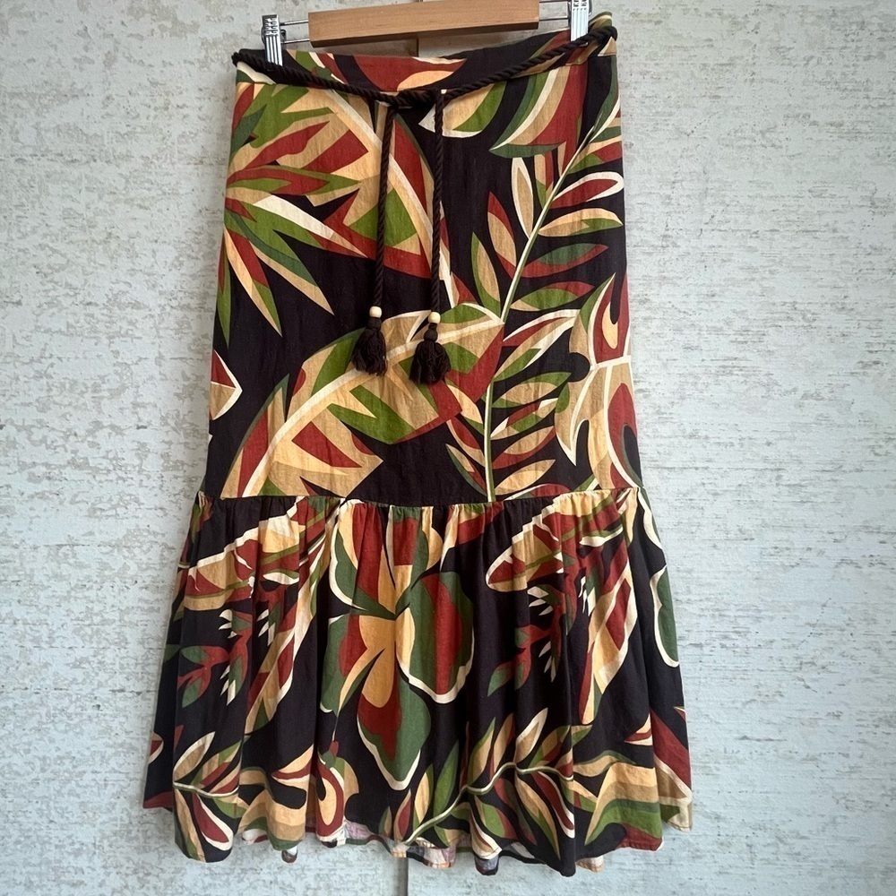 House of Harlow 1960 Women's Linen Tiered Tropical Midi Skirt Sz M Elastic Waist